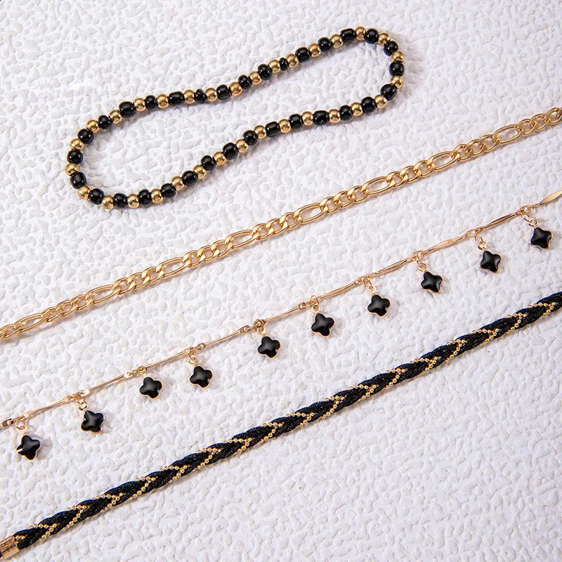 Tocona Simple Black Crystal Stone Anklet Set for Women Girl Charms Rope Geometric Multilayer Foot Chains Jewelry 24189 250114
