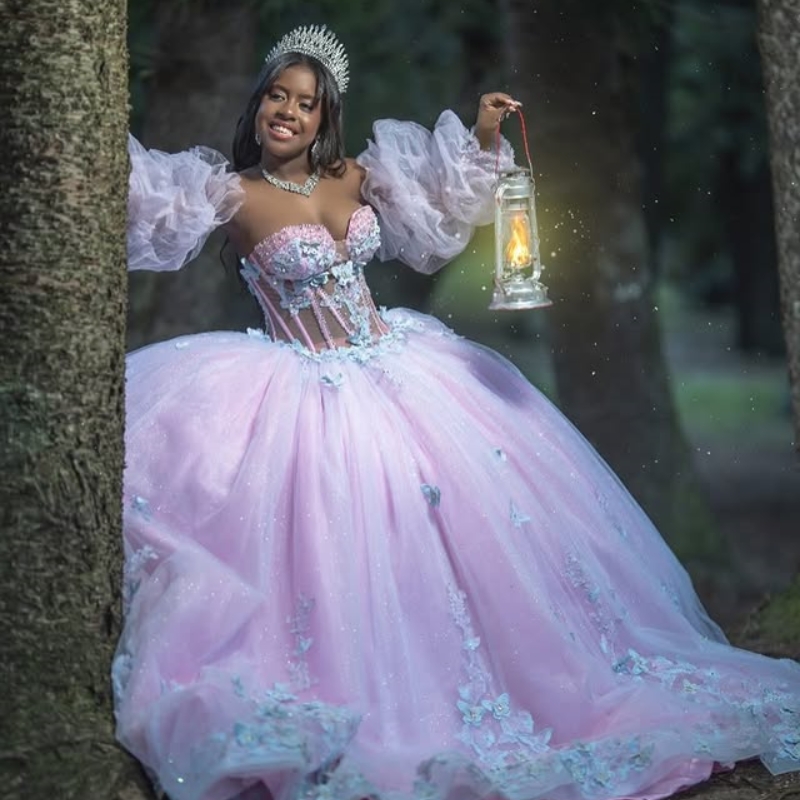 Pink Quinceanera Dresses Ball Gown Off Shoulder Appliques Bow Beading Crystal Tull Puff Sleeve Corset Birthday Party Sweet 16 Dress Vestidos 15 anos