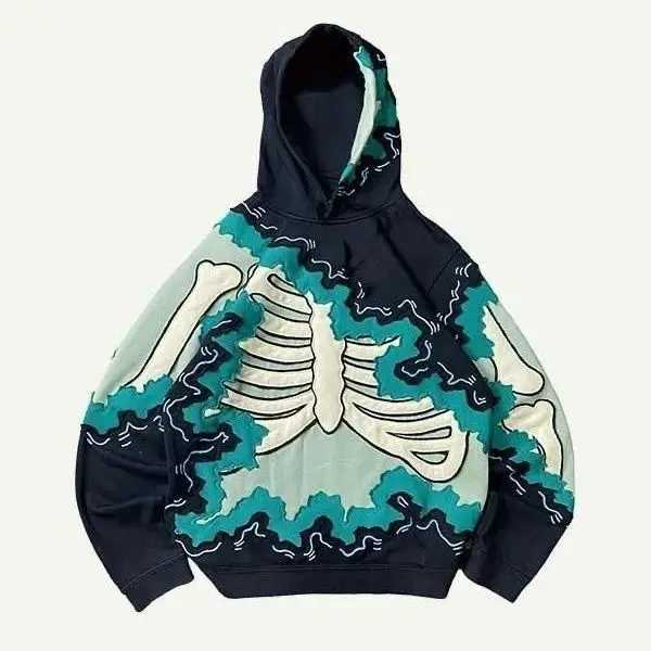 Trendy American Ins Youth Trend Flame Skeleton 3d Printed Velvet Sweatshirt Boys Y2K Street Hip-hop Trend Pullover Hoodie Tops W250117