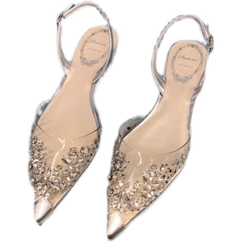 2025 New hot free shipping designer sandals for womens flat sandals Transparent rhinestone pointed low heel sandals