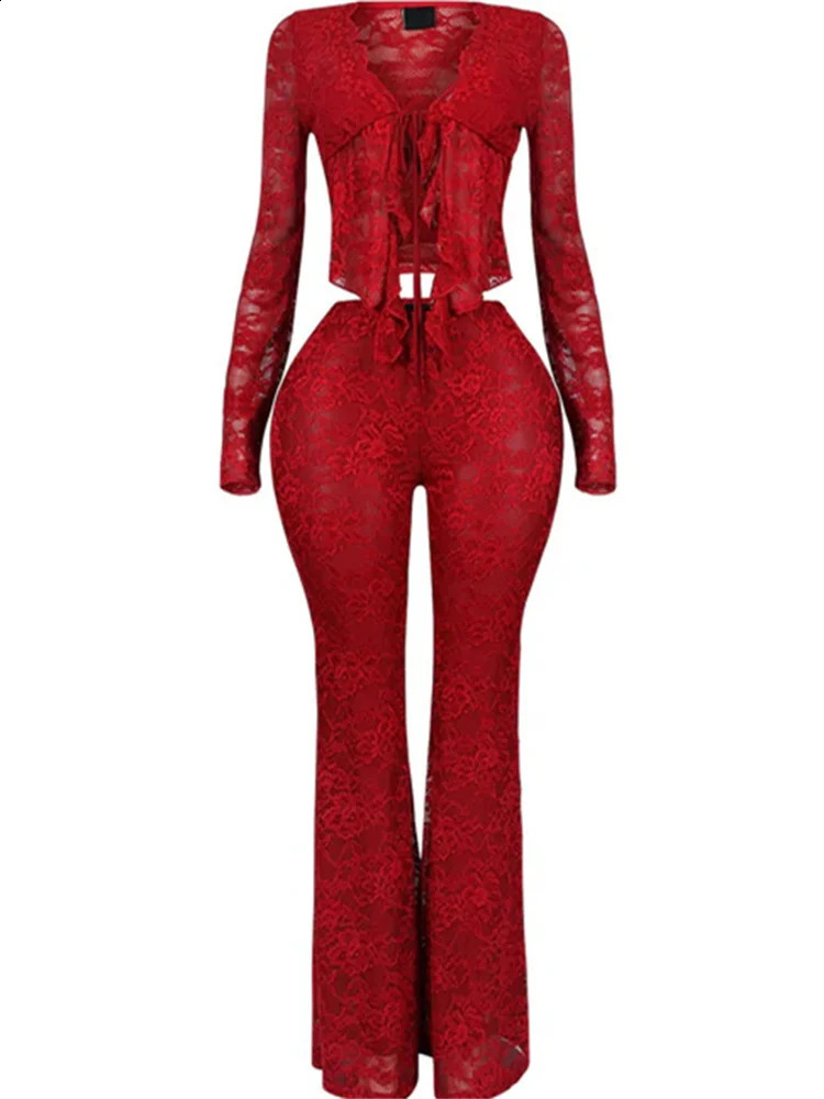 Nwe Spring Fall Lace Womens Sets Long Sleeve Sexy Bandage Top and Flared Pants 2025 Loose Red Clubwear Two 2 Piece Set Outfits 250120