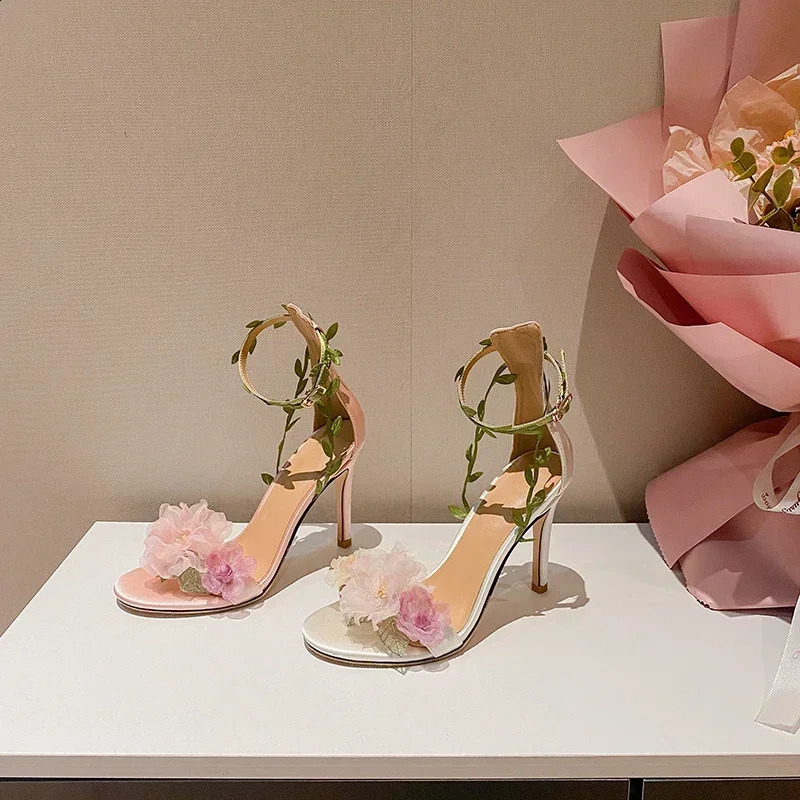 Summer Pink Sweet Chiffon Flower Dream High Heels Lace up Sandals Wedding Banquet Womens Shoes 250118