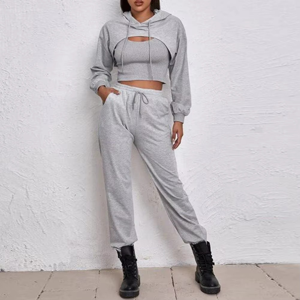 Suit Women's Hoodie Vest Pants Set Solid Color Woman Clothing Sports Tracksuit For Women 2021