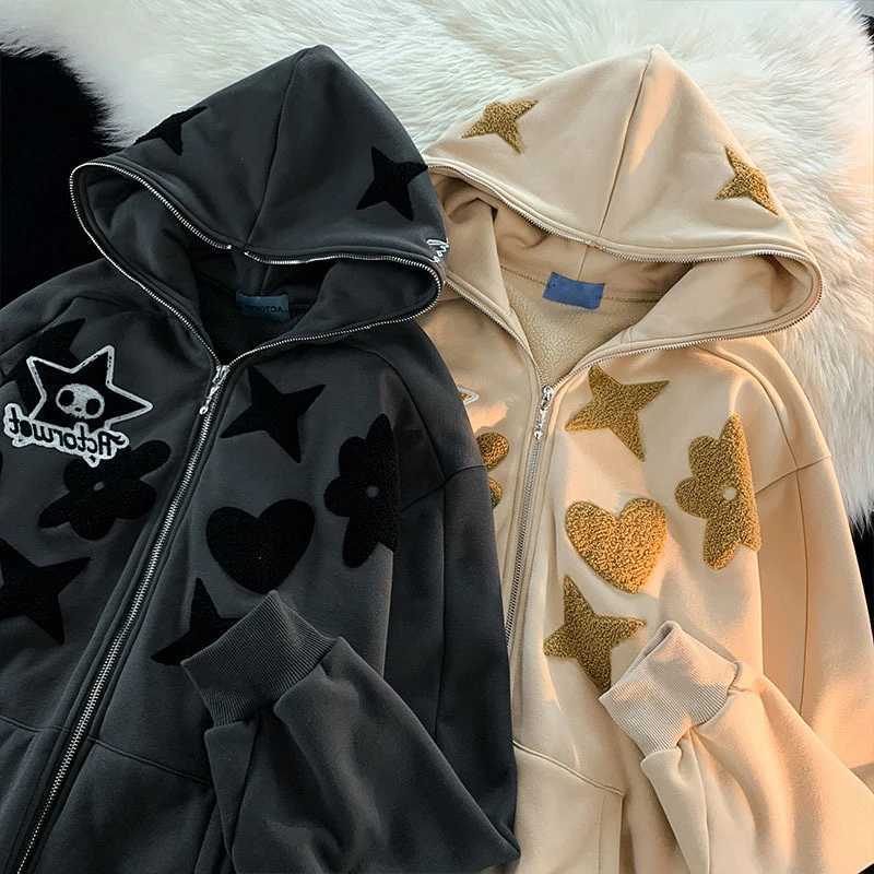 Womens Retro Embroidery Hoodies Autumn Winter Zip Up Long Sleeve Loose Jacket Coats Y2k Harajuku Casual Pocket Hooded Sweatshirts W250117