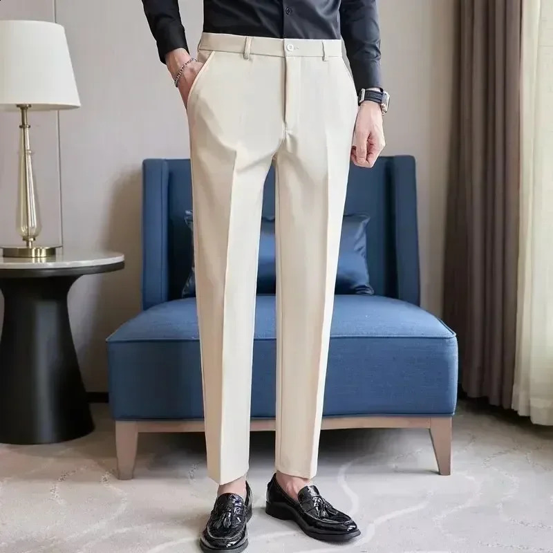 Mens Suit Pants Gray White Black Slim Business Casual Nine-point Pants Straight Plus Size Trousers Office Social Wedding 250122