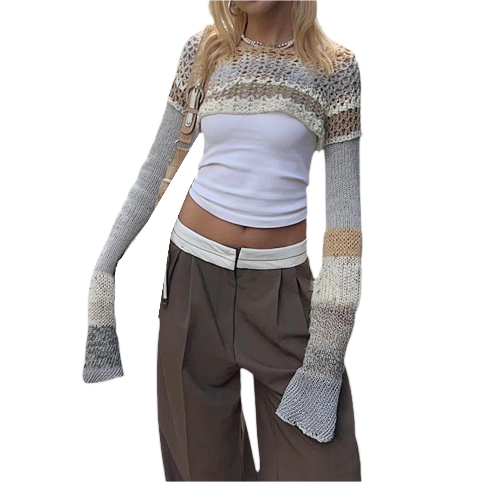Women Knitted Crochet Sweaters Crop Tops Y2k Long Sleeve Patchwork Shrug Sweater Short Knitwear Covers Up Tee Streetwear