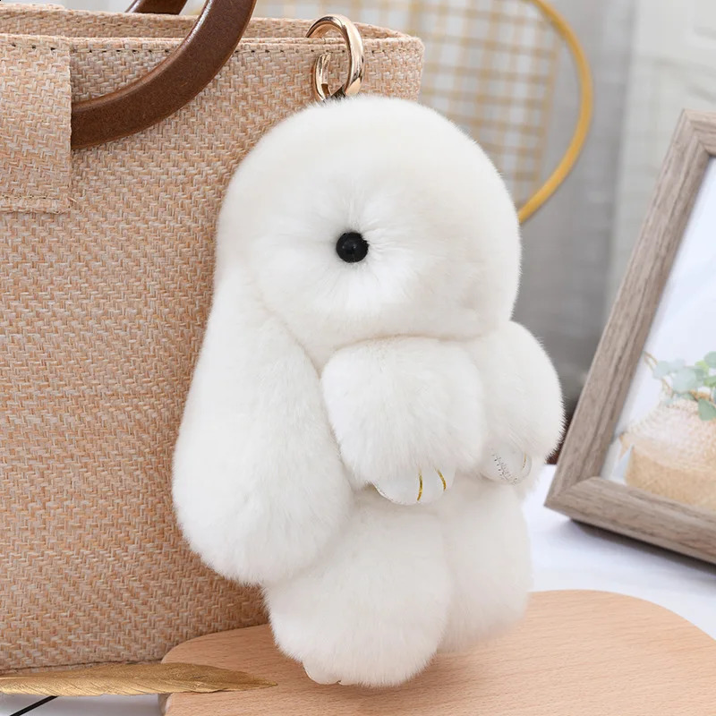 Fluffy Cute Bunny 18CM Real Fur Keychain Rex Rabbit Pom Gift Toy Doll Women Bag Pendant Charm Car Key Keyring Metal ring250114bj