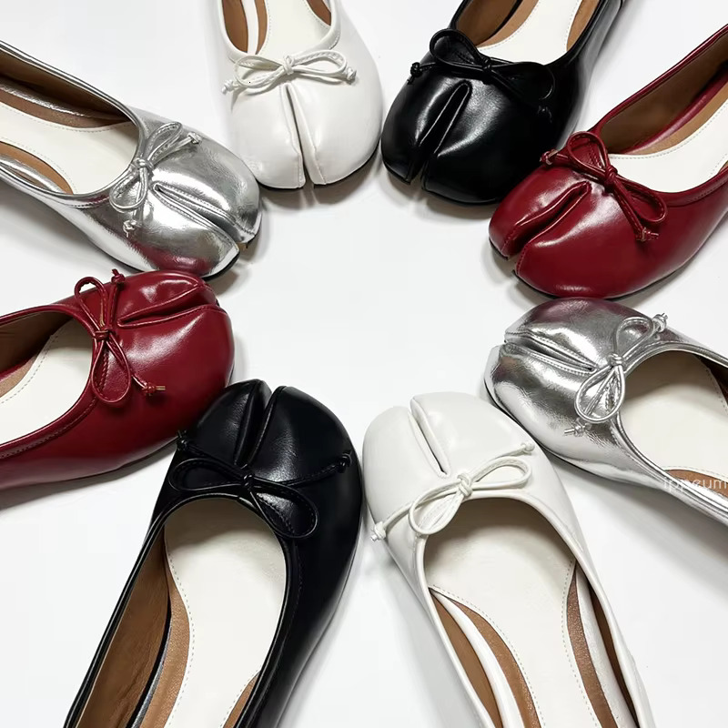 Split Toe Shoes Tabis Ballet Flats Women Black Leather Mary Janes Plus Size 44 Butterfly Knot Ballerinas Atos Mujer 250221
