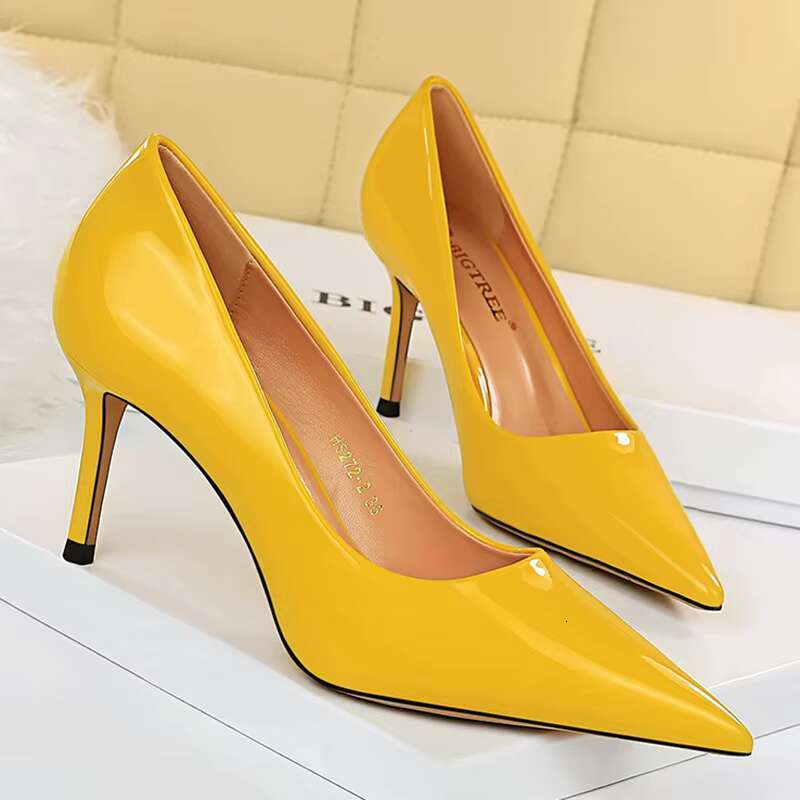 Women 8.5cm High Scarpins Pumps Lady Blue Yellow Sier Glossy Leather Fetish Wedding Bridal Mid Low Heels Office Shoes