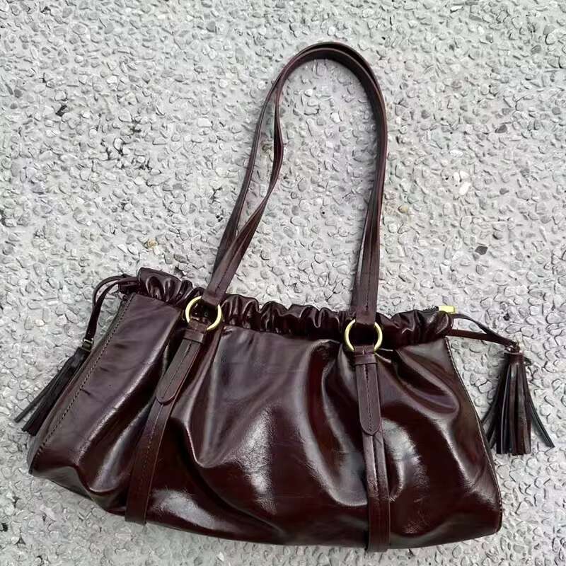 England Style Vintage Bags For Women Designer Handbags And Purses 2024 New In PU Oil Wax Leather Ruffle Underarm Shoulder