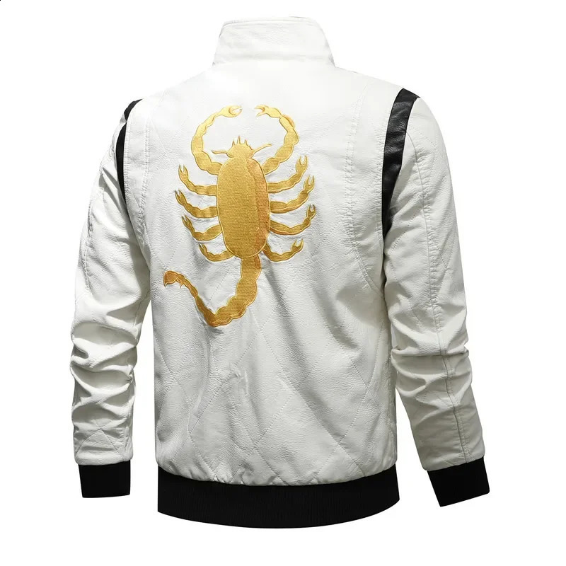 Men Winter Driving Leather Jacket Scorpion Embroidered Hooded PU Motorcycle 250109Z