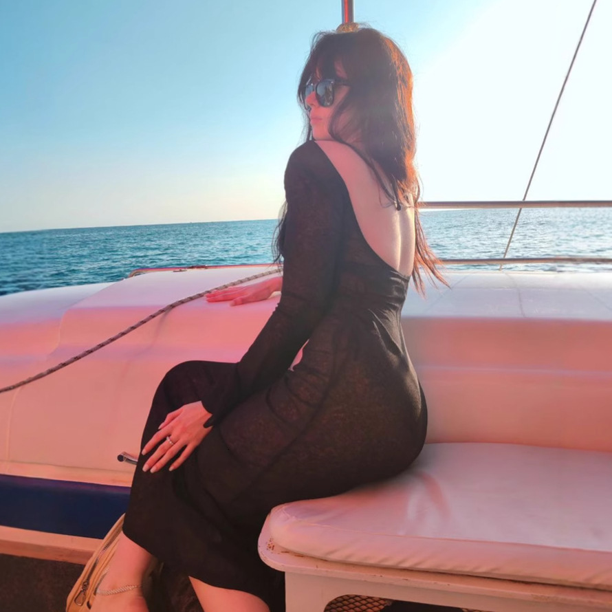 2025 New Women's Sexy Perspective Knitted Long Sleeve Dress Female Designer Round Neck Solid Color Vacation Beach Skirt