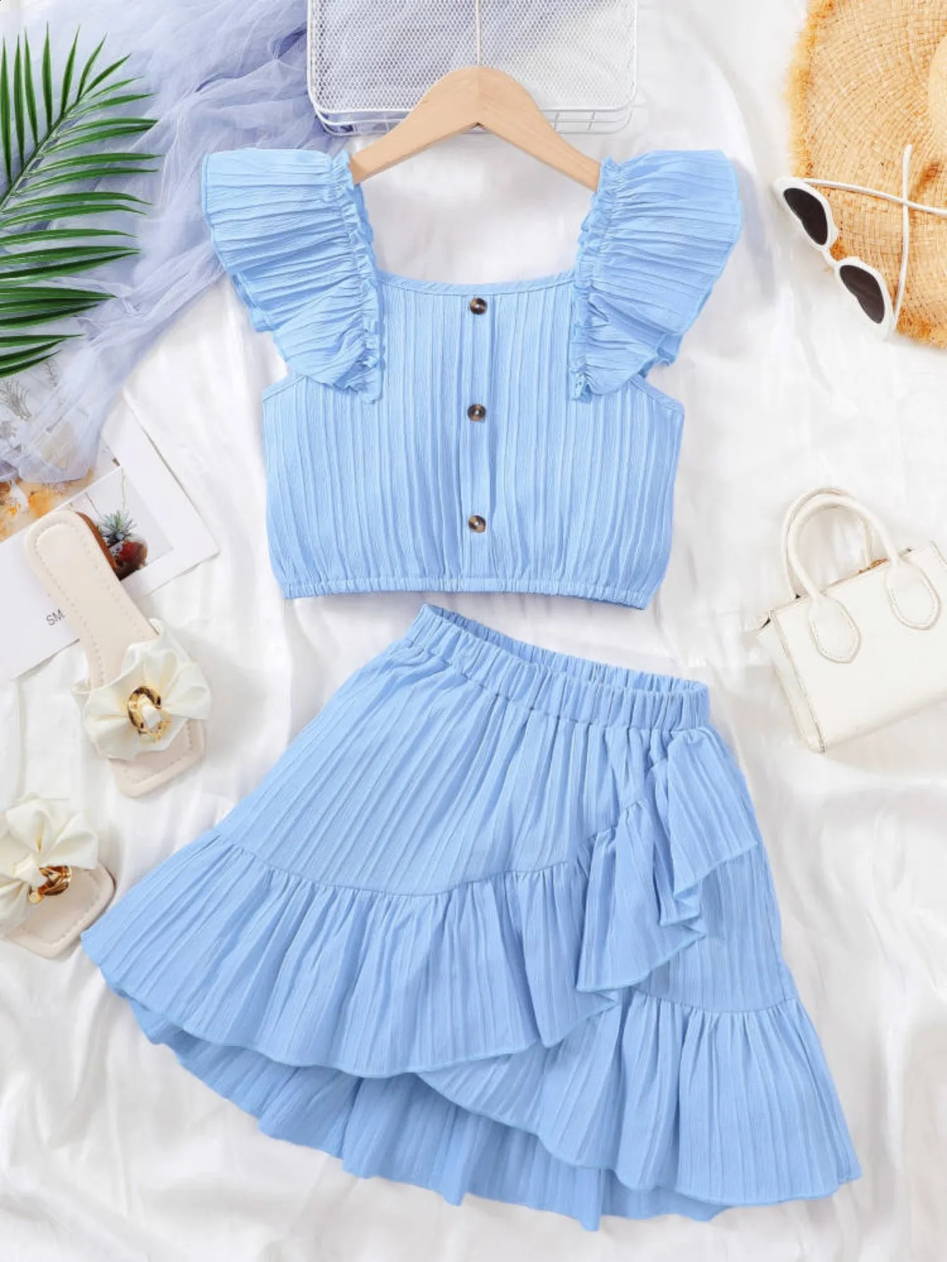 Kid Girls Summer Princess Clothing Set Flutter Sleeve Plain Color TopsShort Skirt Sweet Style Party Wear For Child 8-12 Years 250117