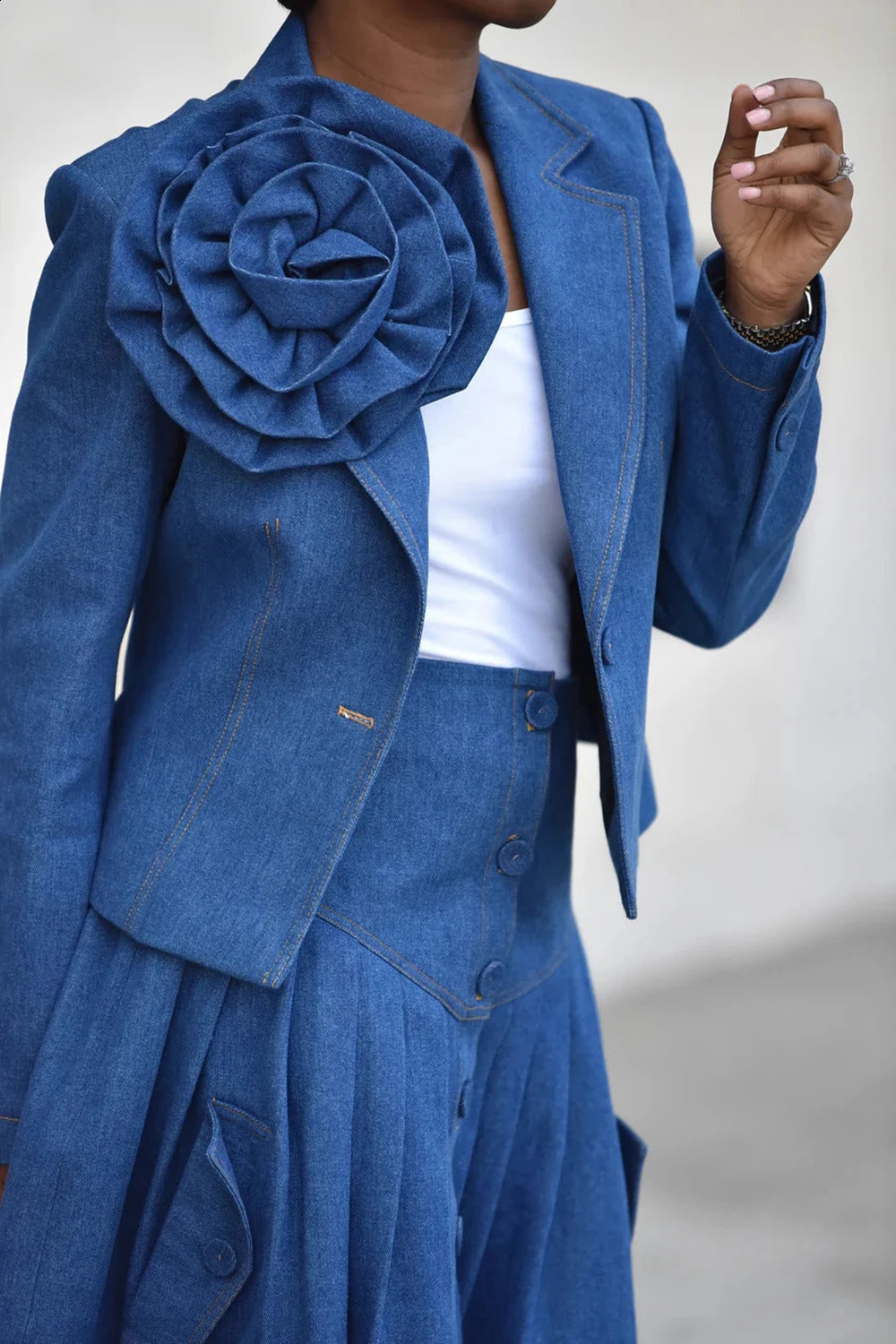 Plus Size Business Casual Blue Turndown Collar Long Sleeve 3D Pleated Denim Two Piece Skirt Sets 250108