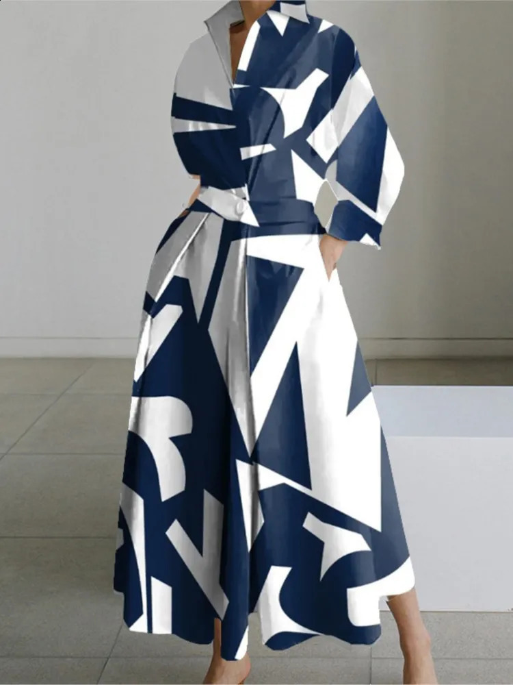 Autumn Dress Long Sleeve Dot Print Elegant Maxi Dresses For Women 2024 White Casual V Neck Shirt Party Robe Femme 250110