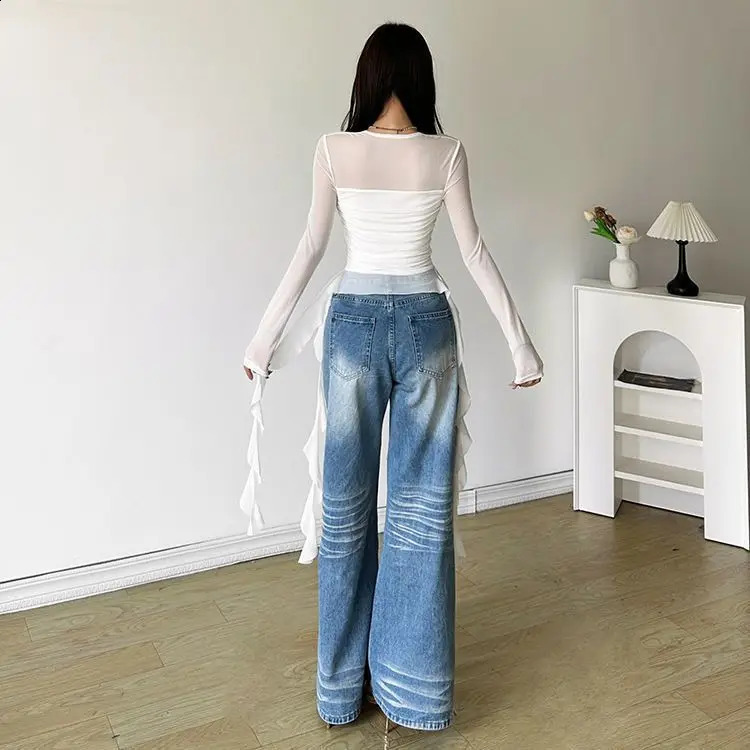 Spicy Fairy StyleLotus Leaf Edge Square Neck Thin Long Sleeve White T-shirt Women Tops Mesh Sexy Irregular Slimming y2k Top 250122