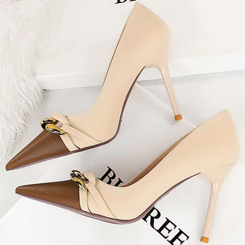Designer Women 9.5cm Fetish High Wedding Nude Pumps Sexy Lady Replica Metal Chain Stiletto Heels Fashion Prom Shoes
