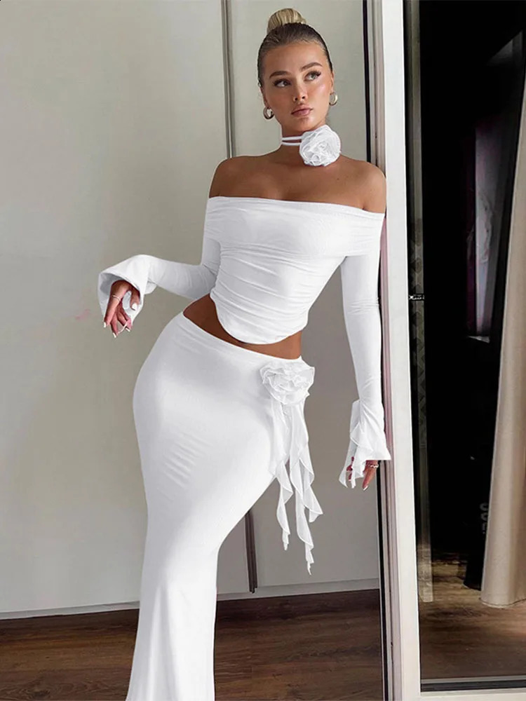 TARUXY Flower Bodycon Skirt Sets Women Slim Sexy Backless Lace Up Tops Womens Party Elegant Dress 2 Piece Womens Suits Outfits 250113