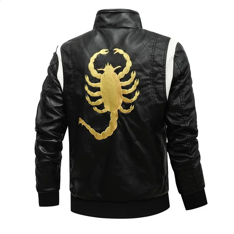 Men Winter Driving Leather Jacket Scorpion Embroidered Hooded PU Motorcycle 250109Z