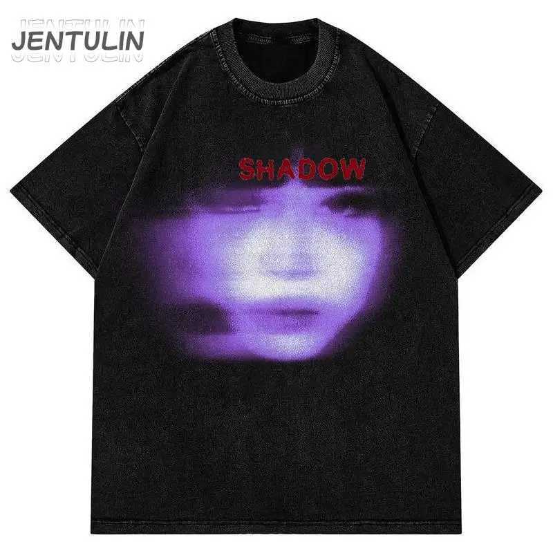 Gothic 2024 mens washed black Harajuku streetwear facial aesthetic graphic T-shirt cotton retro T-shirt Hipster top unisex Y2K W250117