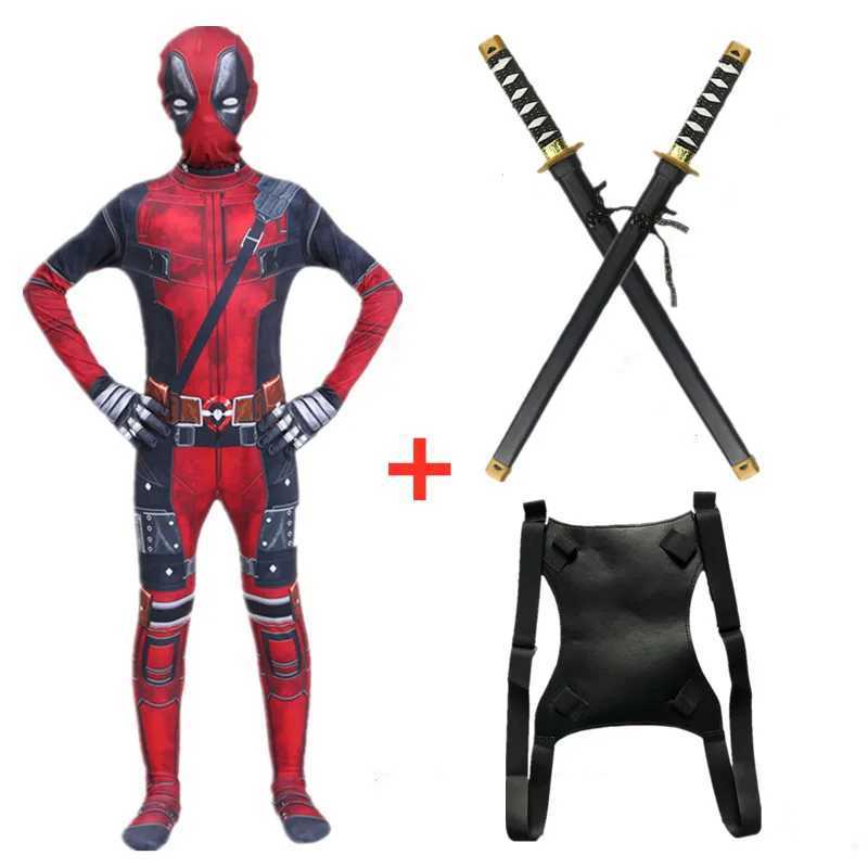 Childrens Death Pool cosplay jumpsuit movie hero character mask tight fitting suit dagger toy set Halloween New Year costume and sword bag gift W25011