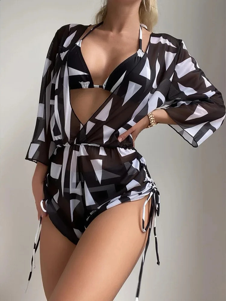 Long-sleeved Mesh Belted One-piece Swimsuit Womens Swimwear Summer Printed Drawstring Three-piece Bikini Sets Beach Wear 250113