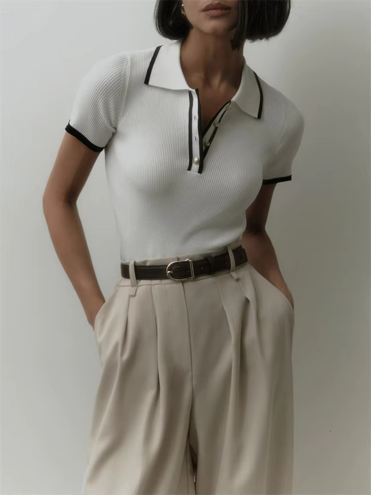Knit Sweater Women Short Sleeve Patchwork Slim Lapel Elegant Contrast Knitwear Top Female Skinny Ribbed Pullover