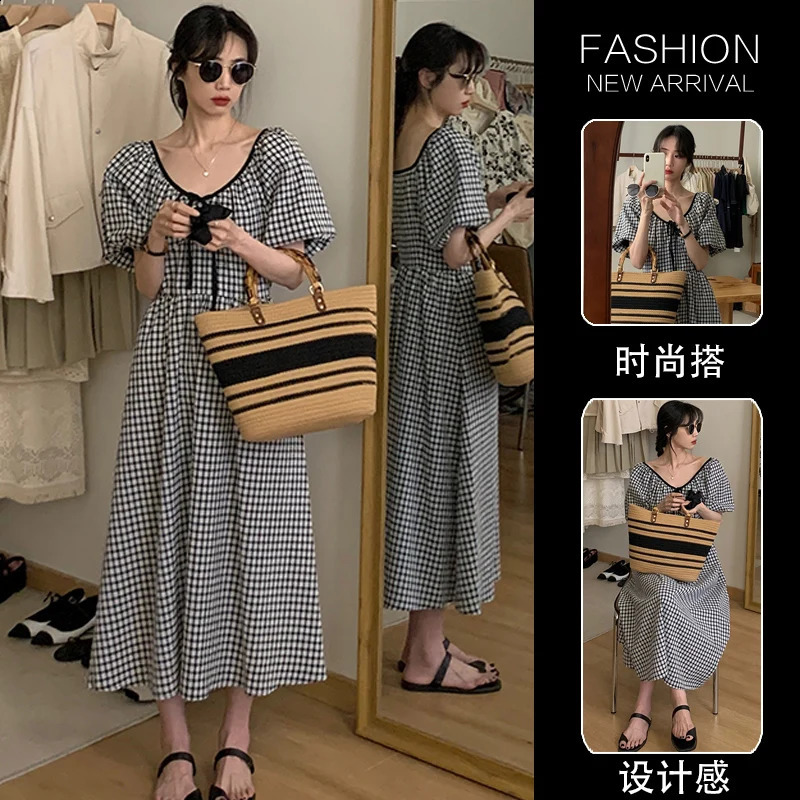 Plus Size Maternity Plaid Dress for Summer Puff Sleeve Oneck Long Loose Pregnant Womens Preppy Style Casual Lady Clothes 250114