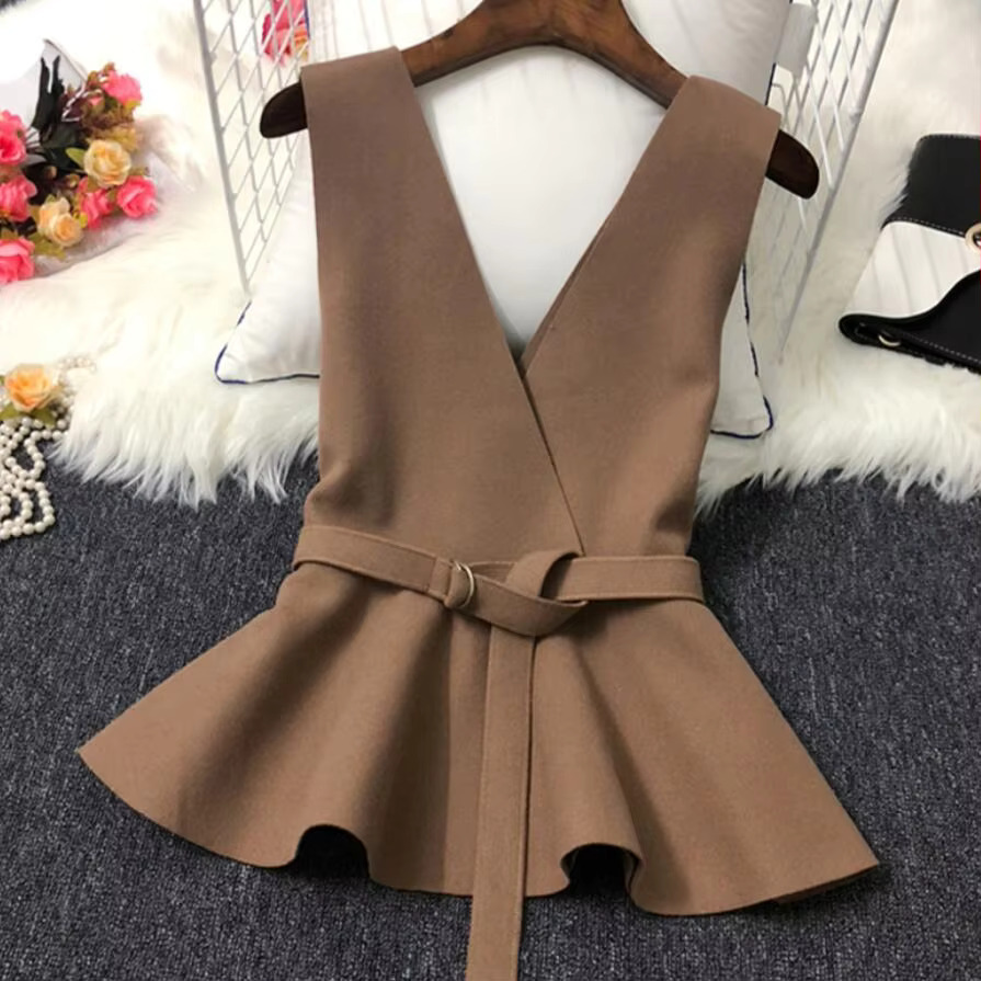 2020 Autumn Winter Sleeveless Coat V-Neck Slim Waist Belt Woolen Vest For Women Pullover Waistcoat Female Outerwear