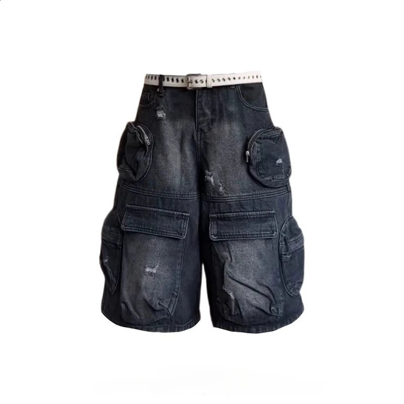 American street oversized washed vintage multi pocket women workwear denim shorts high waisted straight leg pants 250117