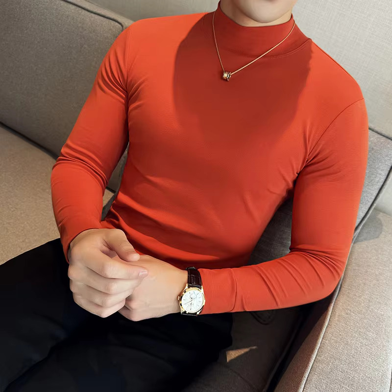 Male Designer T-shirt Korean Clothing High Elasticity High Neck Slim Fit Long Sleeved Men's T-shirt Casual Top