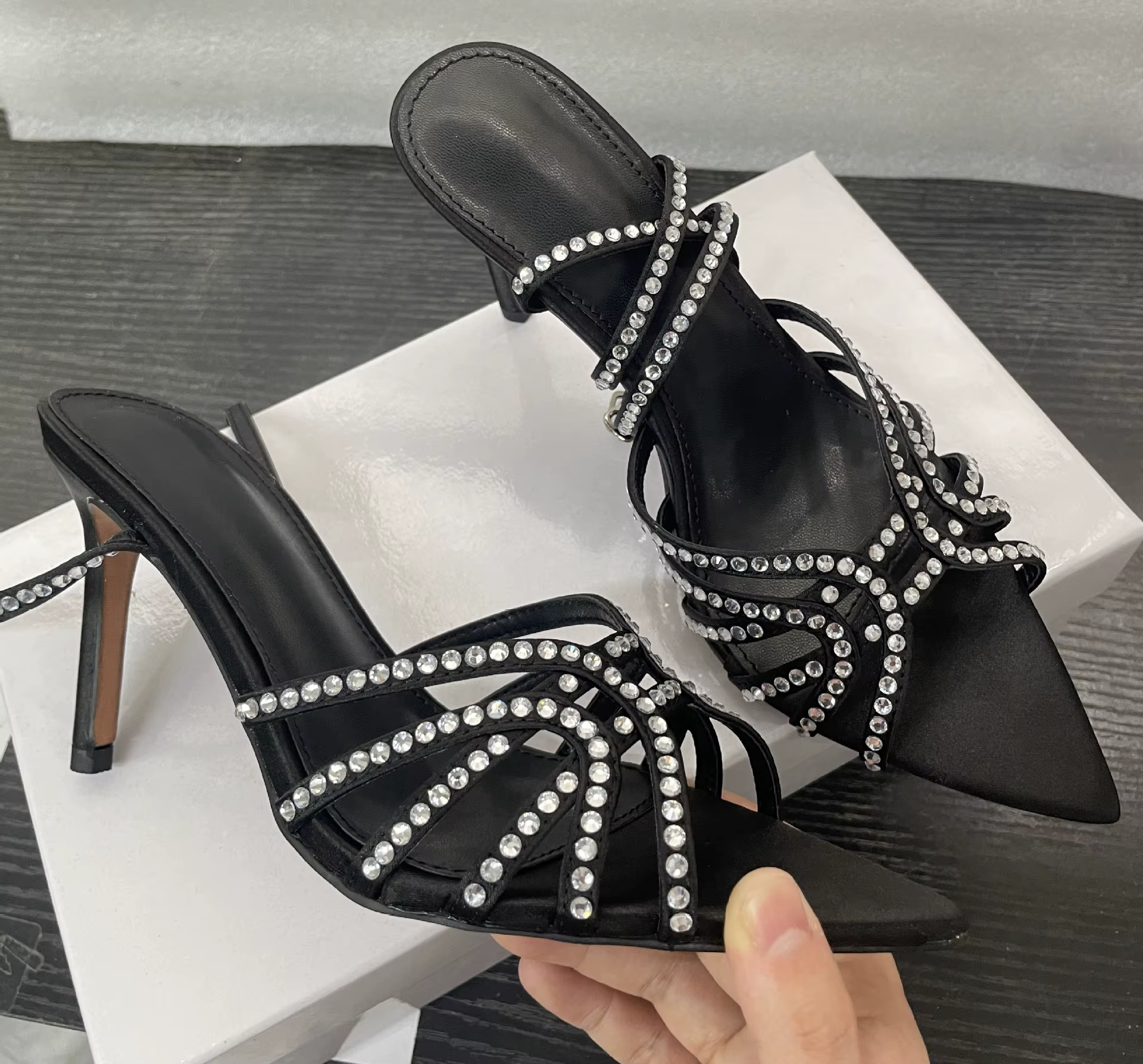 New Summer Women's High-Heeled Sandals With Rhies, Stiletto Heel, Pointed Open Toe, Versatile High Heels