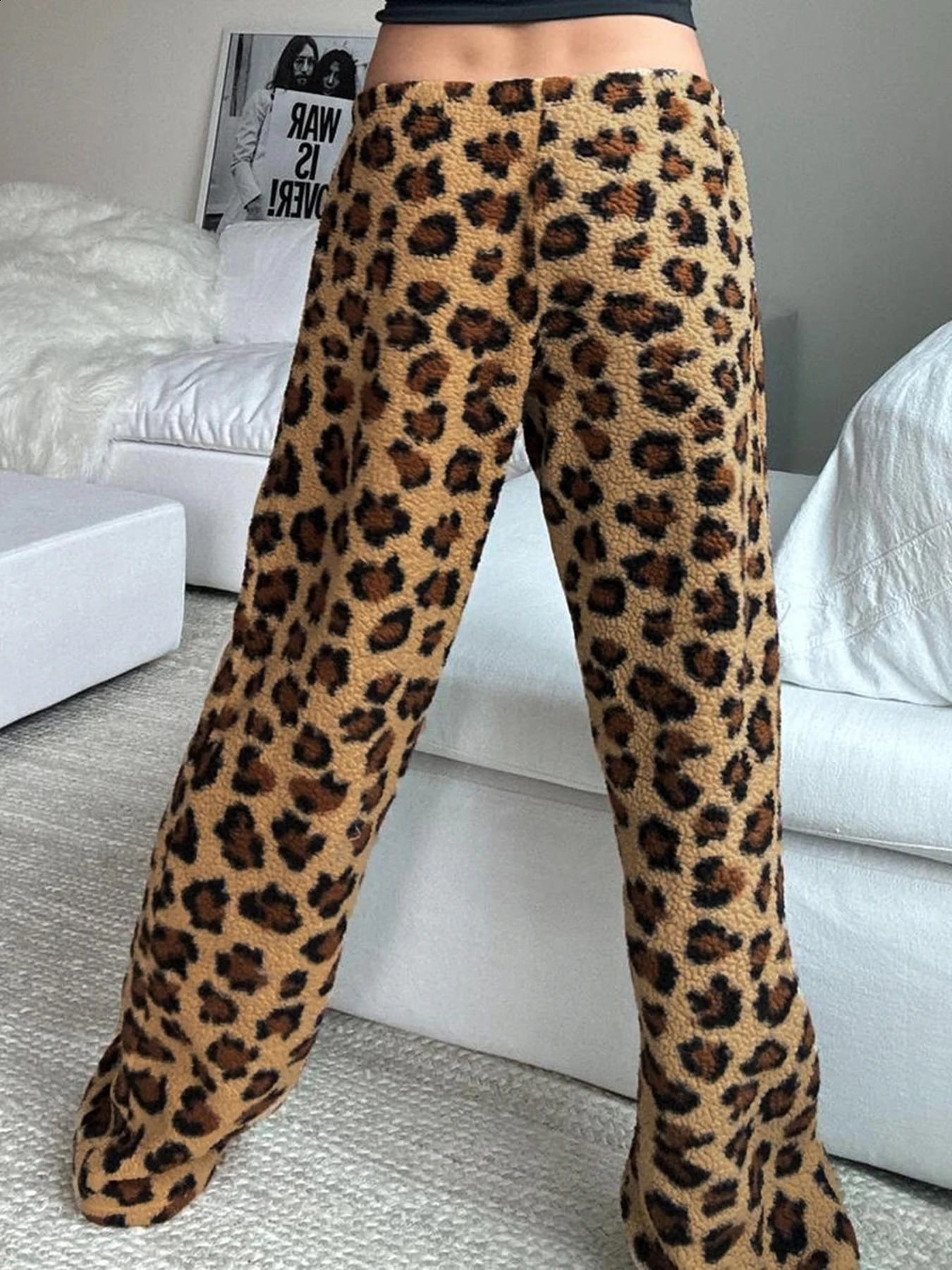 Leopard Velvet Women Loose Long Pants Bow Y2k Retro Fashion Chic Warm Autumn Trousers Street Style 250122