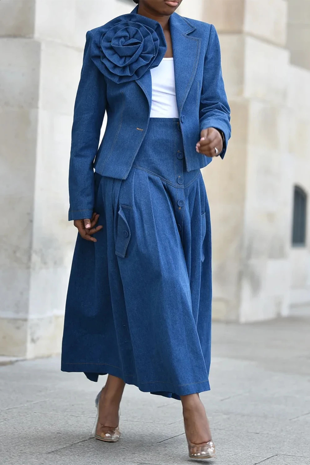 Plus Size Business Casual Blue Turndown Collar Long Sleeve 3D Pleated Denim Two Piece Skirt Sets 250108