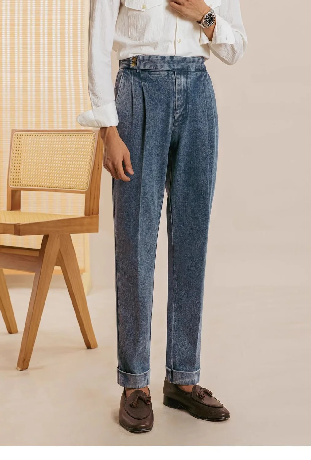 Double Pleat Jeans Men Naples Pants Wash Cotton Loose Straight Trousers Spring Autumn Fashion England High Waisted Denim Pant 250120
