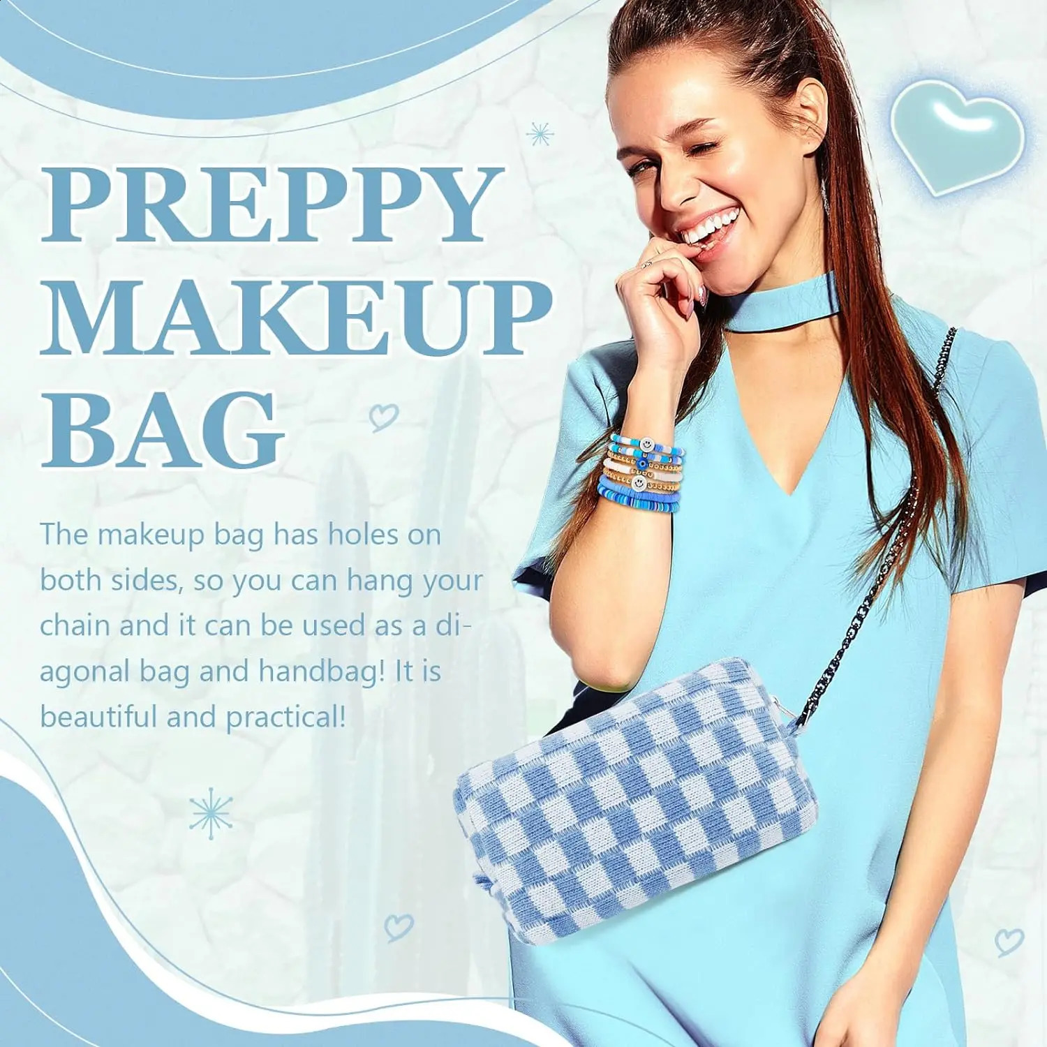58 Pcs Checkered Makeup Bag Set Preppy Aesthetic Cosmetic Bag Travel Makeup Pouch Toiletry Bag 7 Heishi Surfer Bracelets with 50 250120
