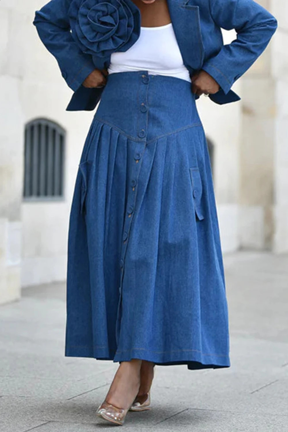 Plus Size Business Casual Blue Turndown Collar Long Sleeve 3D Pleated Denim Two Piece Skirt Sets 250108