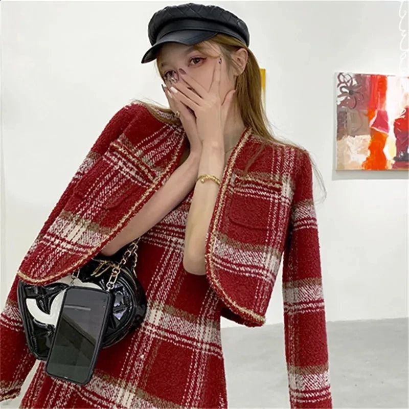 Woolen Harajuku Y2k Plaid Short Blazer Christmas Clothes Women Winter A-line Dress Sets Korean Fashion Suits 2-piece Set Female 250113