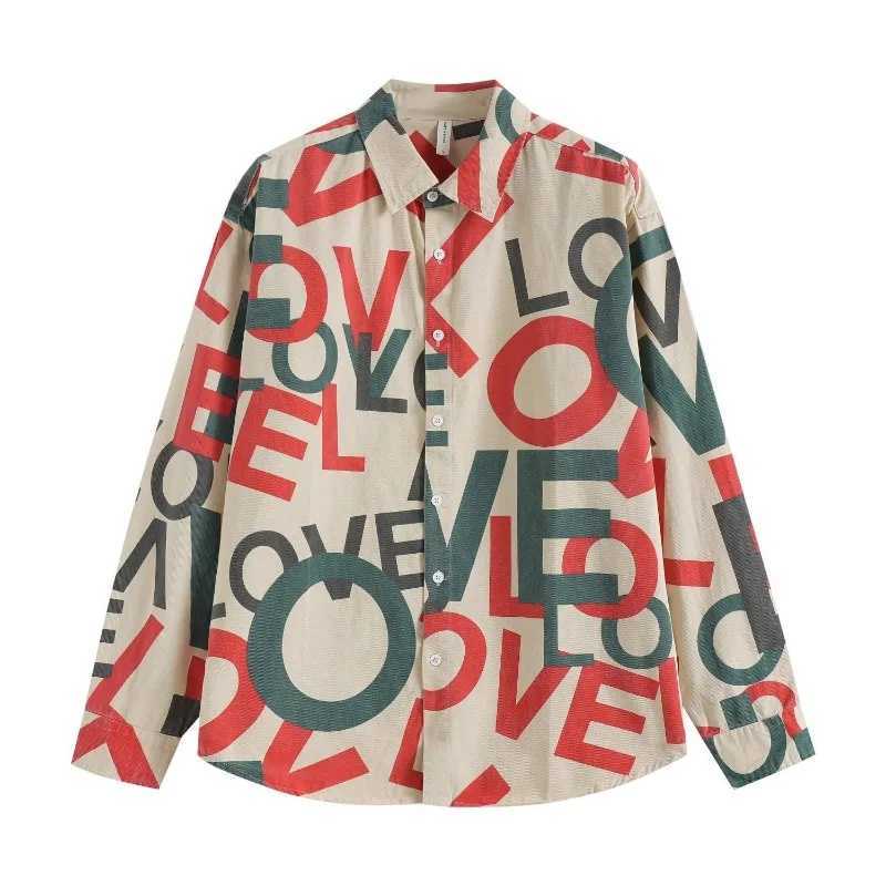 Mens Clothing Trendy Vintage Letter Print Casual Streetwear Button Up Shirts Youth Male Spring and Autumn Long Sleeve Loose Tops M250121