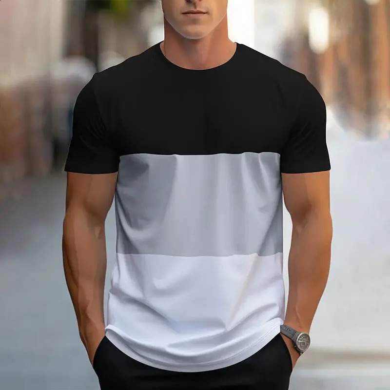 2024 Summer fashion splicing printed shortsleeved Tshirt mens round neck loose breathable tops Sports Fitness 250120