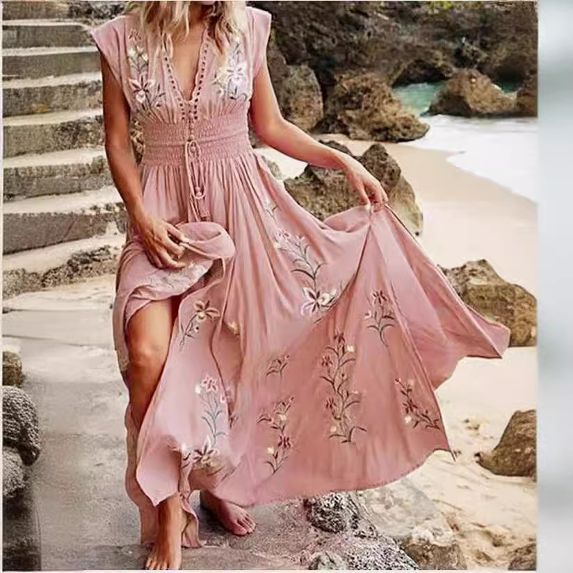 2025 Women's Summer New Designer V-neck French Beach Skirt Flower Bohemian Sexy Long Dress