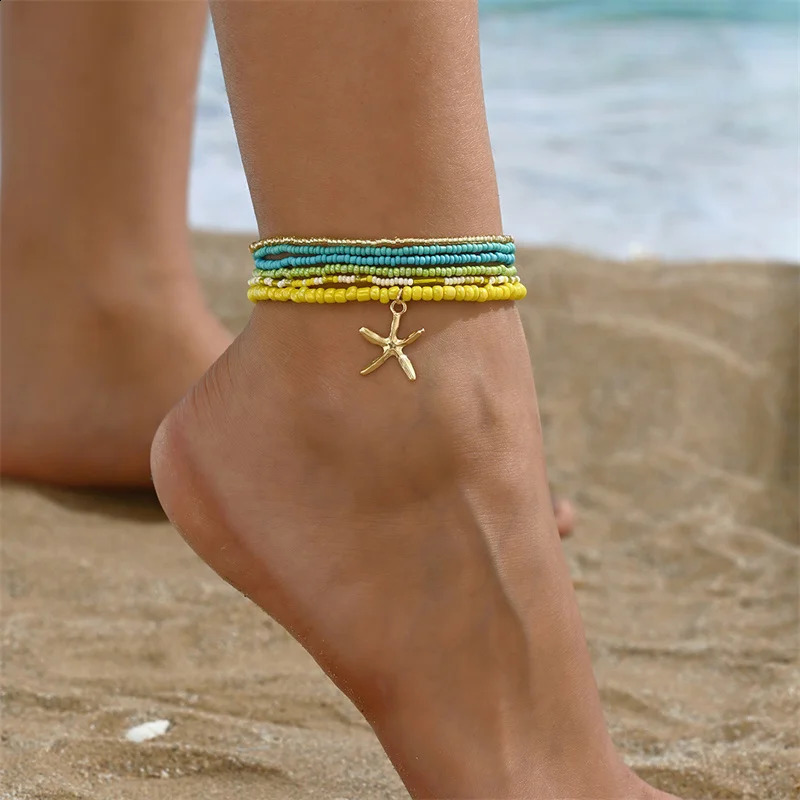 Bohemia Multilayer Rice Bead Anklet Set for Women Fashion Starfish Pendant Anklets Summer Sandy Beach Ankle Chain On Leg Jewelry 250114