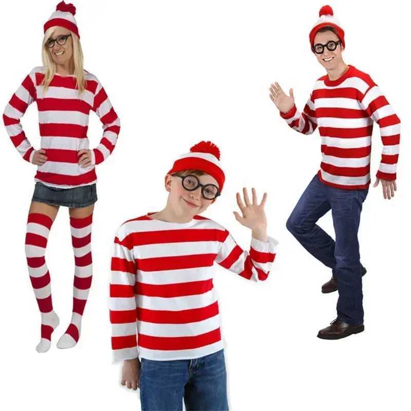 Wheres Waldo Striped Shirt Youth Kids Boys Wally Costume Shirt Glasses and Hat Socks Unisex Adults Carnival Cosplay Costume W250117