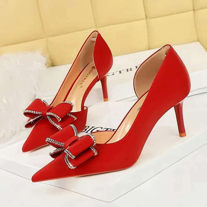 Women Kawaii Bowknot New Side Hollow Barefoot Pumps Sweet 7cm High Heels 2024 Lady Shiny Crystal Outside Prom Valentine Shoes