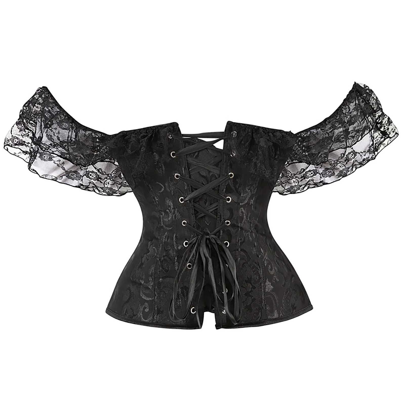 Combhasaki Womens Y2K Vintage Halloween Lace Patchwork Ruffled Short Sleeve Corset Bow Tied Button-down Shapewear Slim Fit Tops W250120