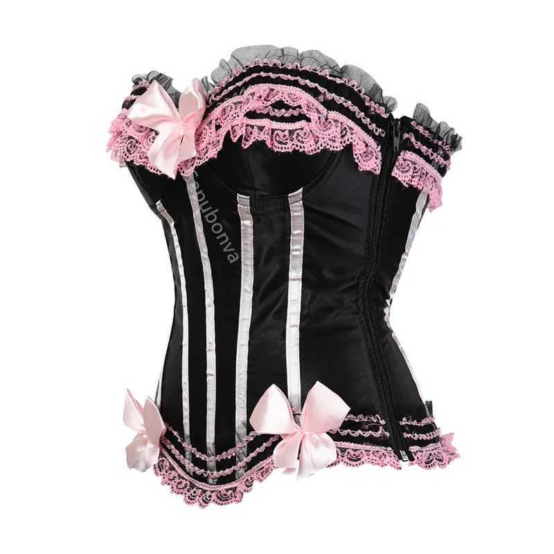 Sapubonva lace tight corset top sexy satin tight corset striped womens satin Halloween large size red black pink tight corset W250120