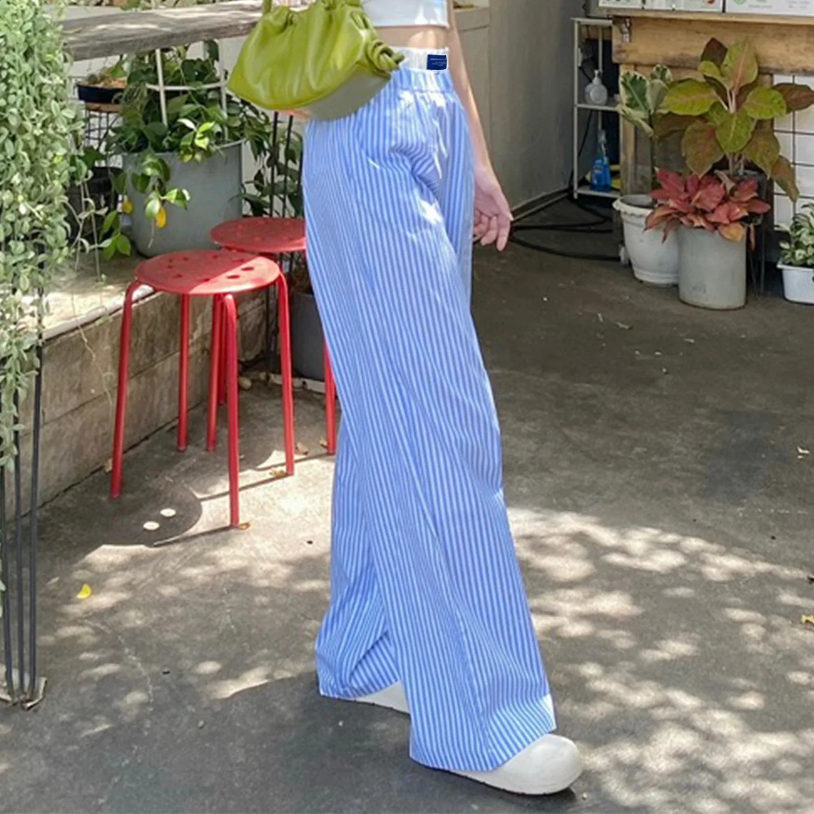 Combhasaki Womens Y2K Aesthetic Striped Long Trousers Letter Sign High Elastic Button Double Waist Wide Leg Pants with Pockets 250113