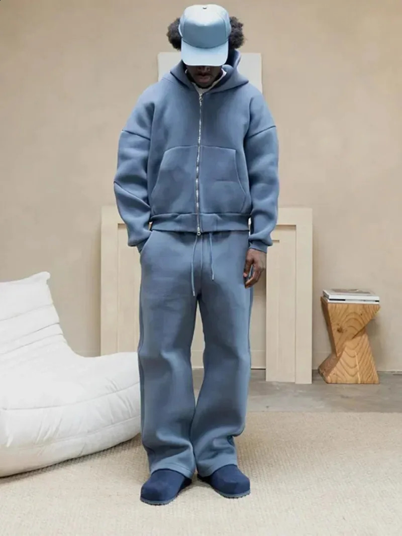 American Fashion Solid Color Fleece Large Sweatshirt Mens Twopiece Suit Harajuku Hip Hop Gothic Joker Slacks Jogging Pants 250109