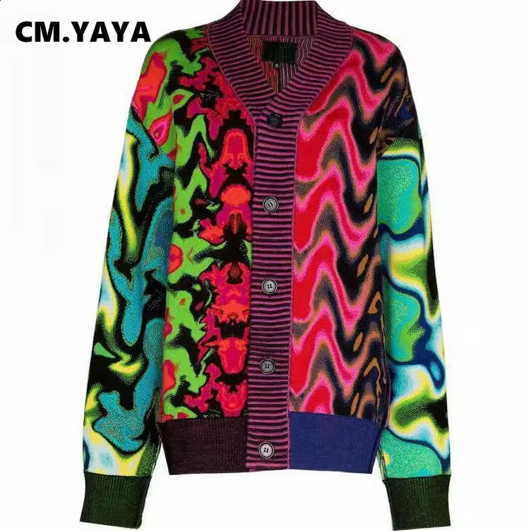 CM. YAYA womens tie dye printed knitted cardigan 2025 winter high street cardigan long sleeved V-neck jacket top 250122