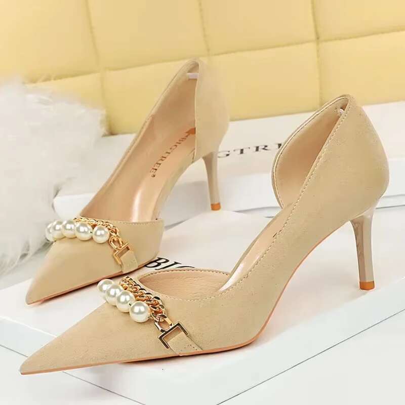 Women 7cm 11cm High Side Hollow Daily Temperament Shoes Lady Pearl Metal Chain Stilettos Banquet Mid Low Heels Suede Pumps